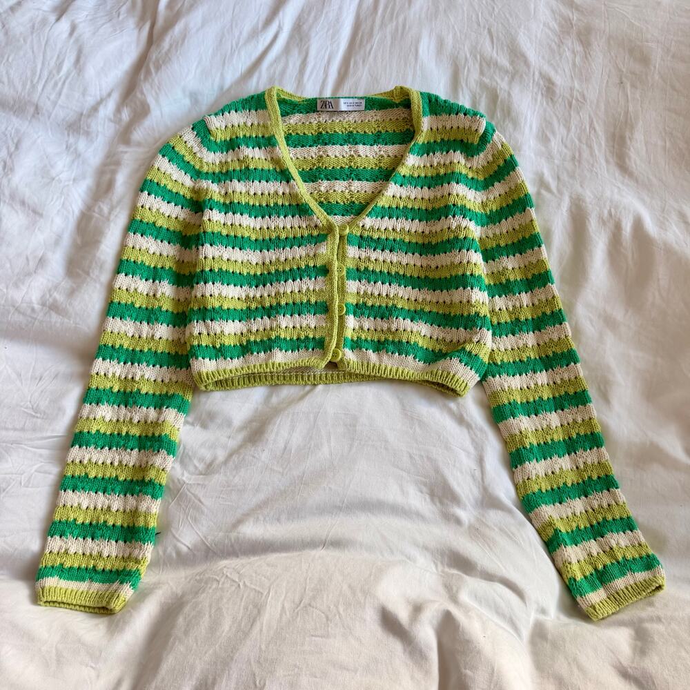 Zara Striped Cropped Crochet Cardigan Green Cream Size S